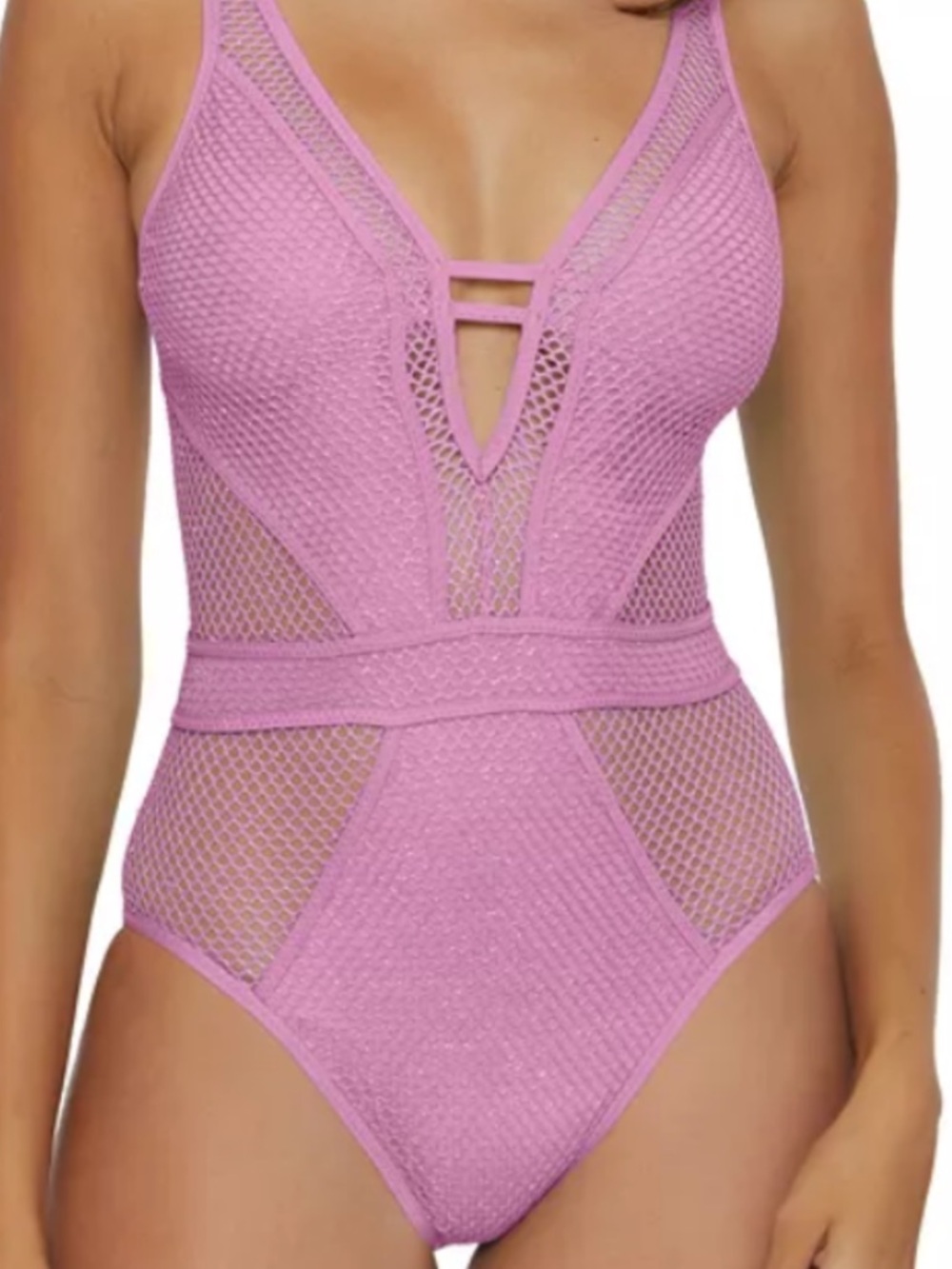 BECCA Lavender Mesh Plunge One-Piece Swimsuit